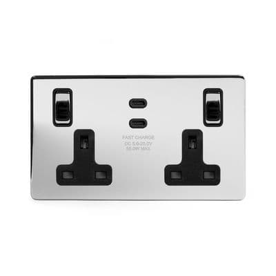 Soho Polished Chrome 2 Gang 65W USB Socket (13A + 2 USB-C) SS-SH-20-SKT215-PCB