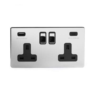 Soho Polished Chrome 2 Gang USB Socket (13A + 2 USB A+C 3.1A) SS-SH-20-SKT204-PCB