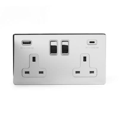 Soho Polished Chrome 2 Gang USB Socket (13A + 2 USB A+C 3.1A) SS-SH-20-SKT204-PCW