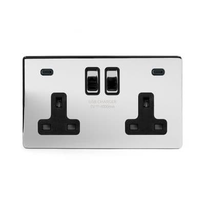 Soho Polished Chrome 2 Gang USB Socket (13A + 2 USB-C 4.8A) SS-SH-20-SKT222-PCB