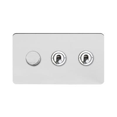 Soho Polished Chrome 3 Gang 1 x 2W LED Dimmer & 2 x 2W Toggle Switch Art Deco SS-SH-1D-LTS342-PC