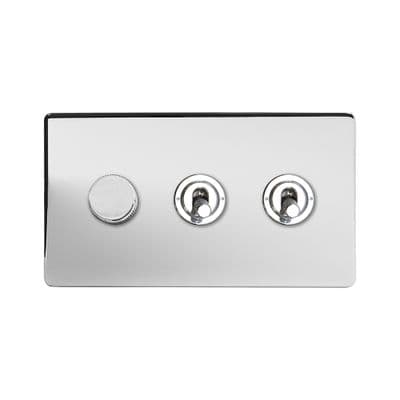 Soho Polished Chrome 3 Gang 1 x 2W LED Dimmer & 2 x 2W Toggle Switch Art Deco SS-SH-2D-LTS342-PC