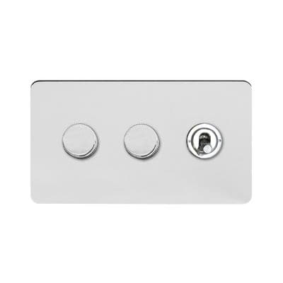 Soho Polished Chrome 3 Gang 2 x 2W LED Dimmer & 1 x 2W Toggle Switch Art Deco SS-SH-1D-LTS343-PC
