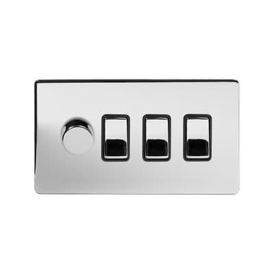 Soho Polished Chrome 4 Gang 1 x 2W LED Dimmer & 3 x 2W Rocker Switch SS-SH-20-LTS153-PCB
