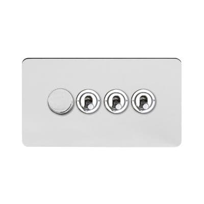 Soho Polished Chrome 4 Gang 1 x 2W LED Dimmer & 3 x 2W Toggle Switch Art Deco SS-SH-1D-LTS344-PC