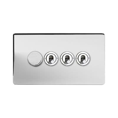 Soho Polished Chrome 4 Gang 1 x 2W LED Dimmer & 3 x 2W Toggle Switch Art Deco SS-SH-2D-LTS344-PC