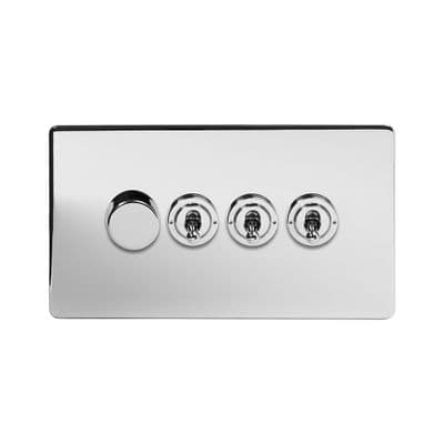 Soho Polished Chrome 4 Gang 1 x 2W LED Dimmer & 3 x 2W Toggle Switch SS-SH-20-LTS344-PC