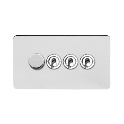 Soho Polished Chrome 4 Gang 1 x 2W LED Dimmer & 3 x 2W Toggle Switch Vintage SS-SH-1K-LTS344-PC