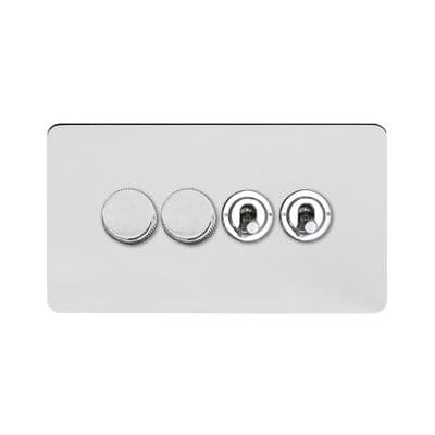 Soho Polished Chrome 4 Gang 2 x 2W LED Dimmer & 2 x 2W Toggle Switch Art Deco SS-SH-1D-LTS345-PC