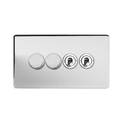 Soho Polished Chrome 4 Gang 2 x 2W LED Dimmer & 2 x 2W Toggle Switch Art Deco SS-SH-2D-LTS345-PC