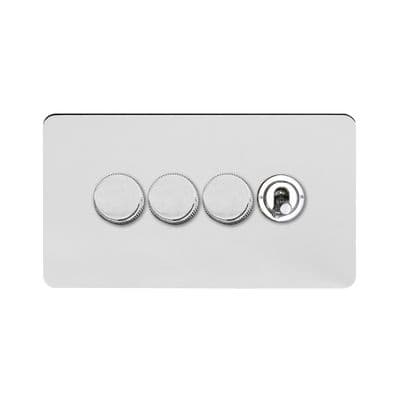 Soho Polished Chrome 4 Gang 3 x 2W LED Dimmer & 1 x 2W Toggle Switch Art Deco SS-SH-1D-LTS346-PC