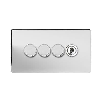 Soho Polished Chrome 4 Gang 3 x 2W LED Dimmer & 1 x 2W Toggle Switch Art Deco SS-SH-2D-LTS346-PC