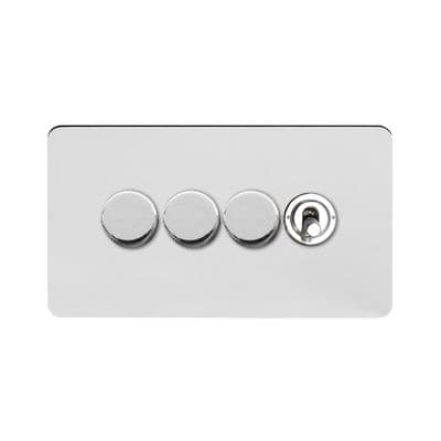 Soho Polished Chrome 4 Gang 3 x 2W LED Dimmer & 1 x 2W Toggle Switch Vintage SS-SH-1K-LTS346-PC