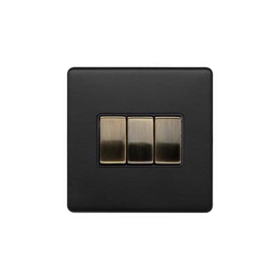 Soho SS-SH-22-LTS103-MBT Matt Black & Antique Brass 3 Gang 1 or 2 Way Rocker Light Switch