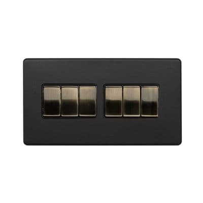 Soho SS-SH-22-LTS106-MBT Matt Black & Antique Brass 6 Gang 1 or 2 Way Rocker Light Switch
