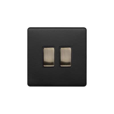Soho SS-SH-22-LTS112-MBT Matt Black & Antique Brass 2 Gang Intermediate Rocker Light Switch