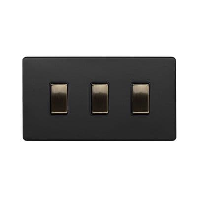 Soho SS-SH-22-LTS123-MBT Matt Black & Antique Brass 3 Gang Double Plate 1 or 2 Way Rocker Switch