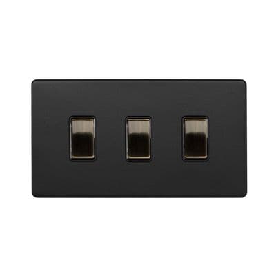 Soho SS-SH-22-LTS137-MBT Matt Black & Antique Brass 3 Gang Rocker Switch 2 x 2W & 1 x Intermediate