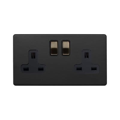 Soho SS-SH-22-SKT102-MBT Matt Black & Antique Brass 2 Gang Double 13A DP Switched Plug Socket