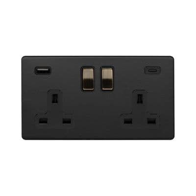 Soho SS-SH-22-SKT204-MBT Matt Black & Antique Brass 2 Gang USB Socket (13A + 2 USB A+C 3.1A)