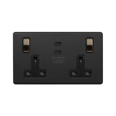 Soho SS-SH-22-SKT215-MBT Matt Black & Antique Brass 2 Gang 65W USB Socket (13A + 2 USB-C)