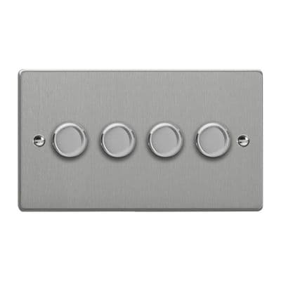 Varilight JDEDP254.BS Essential Brushed Steel 4 Gang 2W V-Pro Push On/Off Rotary LED Dimmer 120W