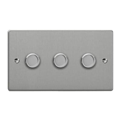 Varilight JDEDP303.BS Essential Brushed Steel 3 Gang 2W V-Pro Push On/Off Rotary LED Dimmer 120W
