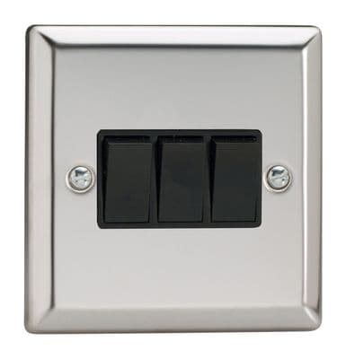 Varilight XC3B Classic Mirror Chrome 3 Gang 10A 1 or 2 Way Rocker Light Switch