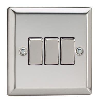 Varilight XC3D Classic Mirror Chrome 3 Gang 10A 1 or 2 Way Rocker Light Switch