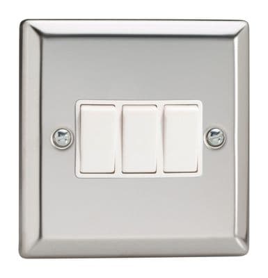 Varilight XC3W Classic Mirror Chrome 3 Gang 10A 1 or 2 Way Rocker Light Switch