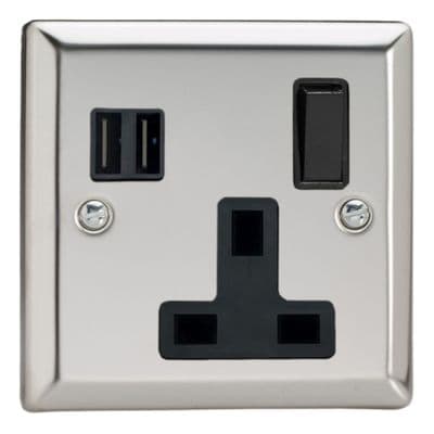 Varilight XC4U2SB Classic Mirror Chrome 1 Gang 13A Single Pole Switched USB Socket