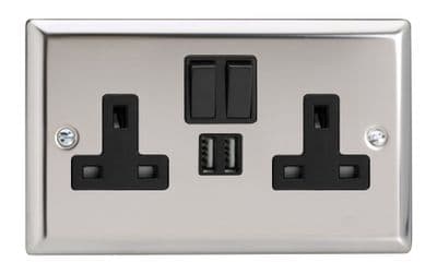 Varilight XC5U2SB Classic Mirror Chrome 2 Gang Double 13A Switched Plug Socket 2.1A USB