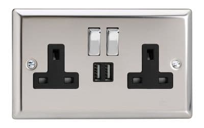 Varilight XC5U2SDB Classic Mirror Chrome 2 Gang Double 13A Switched Plug Socket 2.1A USB