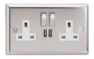 Varilight XC5U2SDW Classic Mirror Chrome 2 Gang Double 13A Switched Plug Socket 2.1A USB