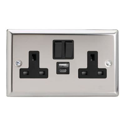 Varilight XC5UACB Classic Mirror Chrome 2 Gang Double 13A Plug Socket 3.1A 20W USB A + C