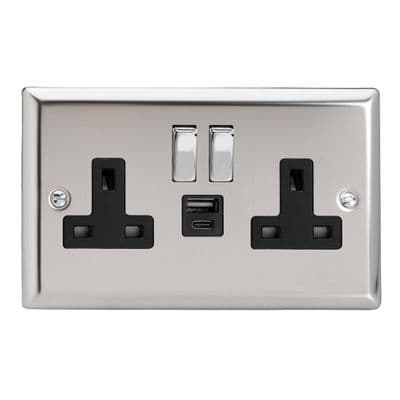 Varilight XC5UACDB Classic Mirror Chrome 2 Gang 13A USB A+C Plug Socket