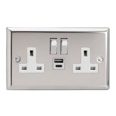 Varilight XC5UACDW Classic Mirror Chrome 2 Gang 13A USB A+C Plug Socket
