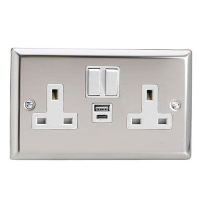 Varilight XC5UACW Classic Mirror Chrome 2 Gang Double 13A Plug Socket 3.1A 20W USB A + C