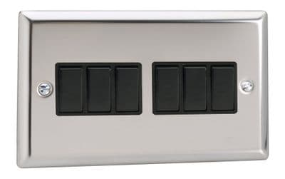 Varilight XC96B Classic Mirror Chrome 6 Gang 10A 1 or 2 Way Rocker Light Switch