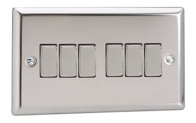 Varilight XC96D Classic Mirror Chrome 6 Gang 10A 1 or 2 Way Rocker Light Switch