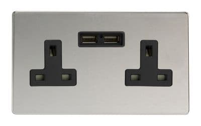 Varilight XDC5U2BS Screwless Polished Chrome 2 Gang Double 13A Unswitched Plug Socket 2.1A USB