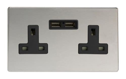 Varilight XDC5U2BS Screwless Polished Chrome 2 Gang Double 13A Unswitched Plug Socket 2.1A USB