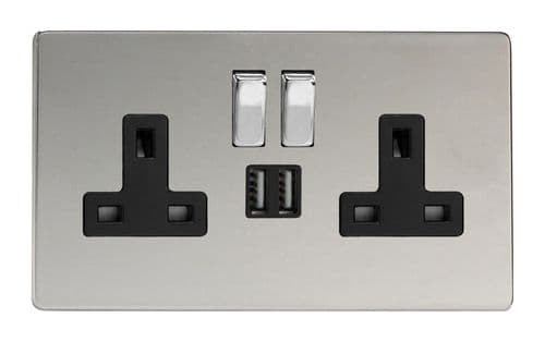 Varilight XDC5U2SBS Screwless Polished Chrome 2 Gang Double 13A Switched Plug Socket 2.1A USB
