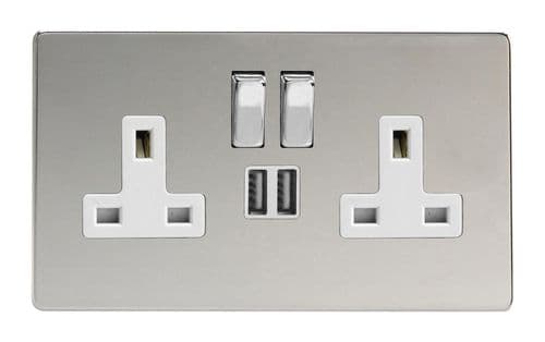 Varilight XDC5U2SWS Screwless Polished Chrome 2 Gang Double 13A Switched Plug Socket 2.1A USB