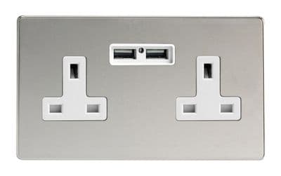 Varilight XDC5U2WS Screwless Polished Chrome 2 Gang Double 13A Unswitched Plug Socket 2.1A USB