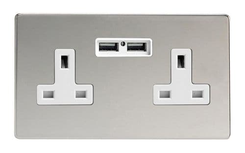 Varilight XDC5U2WS Screwless Polished Chrome 2 Gang Double 13A Unswitched Plug Socket 2.1A USB