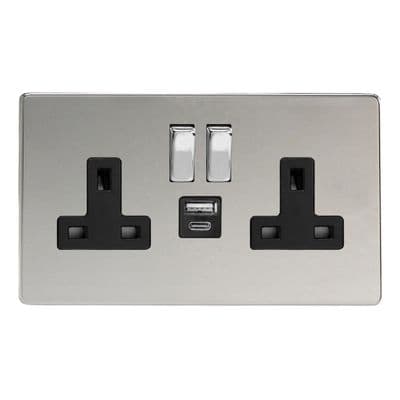 Varilight XDC5UACBS Screwless Polished Chrome 2 Gang Double 13A Plug Socket 3.1A 20W USB A + C