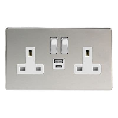 Varilight XDC5UACWS Screwless Polished Chrome 2 Gang Double 13A Plug Socket 3.1A 20W USB A + C