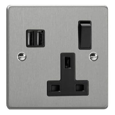 Varilight XDE4U2SB.BS Essential Brushed Steel 1 Gang 13A 2 x USB-A Plug Socket