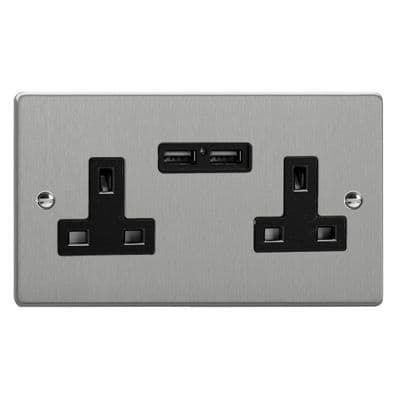 Varilight XDE5U2B.BS Essential Brushed Steel 2 Gang 13A Unswitched USB A Socket